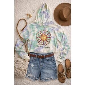 Tie-Dye Cropped Hoodie with Sun & Stars Graphic - "Be The Change"
